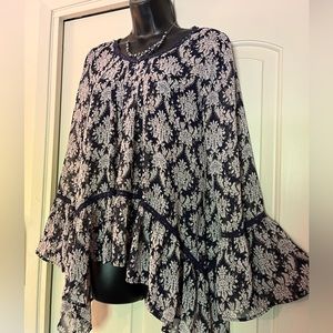 Summery Boho Navy, Cream and White Blouse with Lace Detail